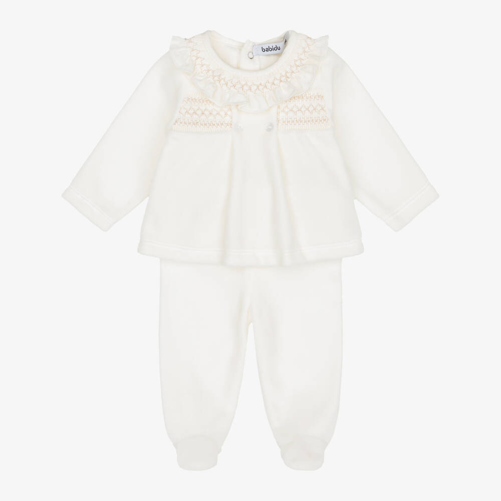 Babidu-Baby Girls 2 Piece Velour Babygrow with Smocking | Childrensalon