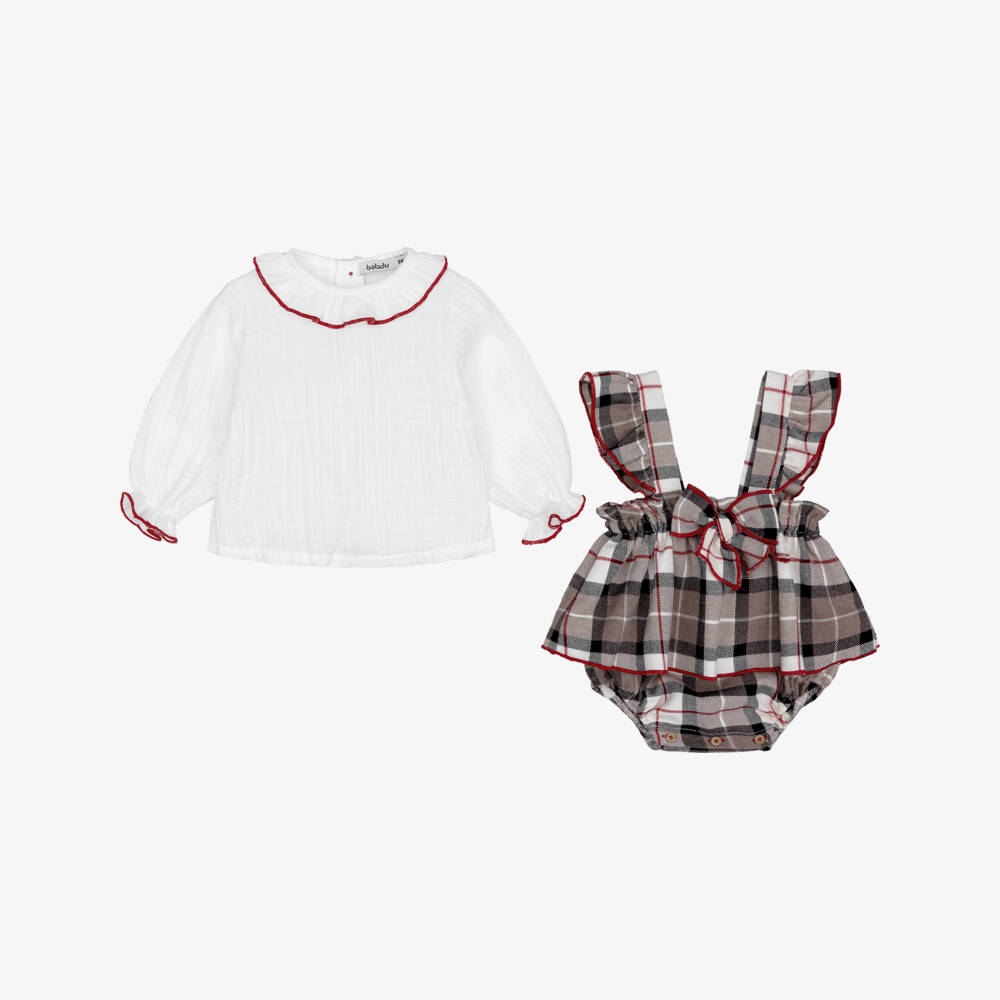 Babidu-Baby Girls Beige Check Shortie Set | Childrensalon
