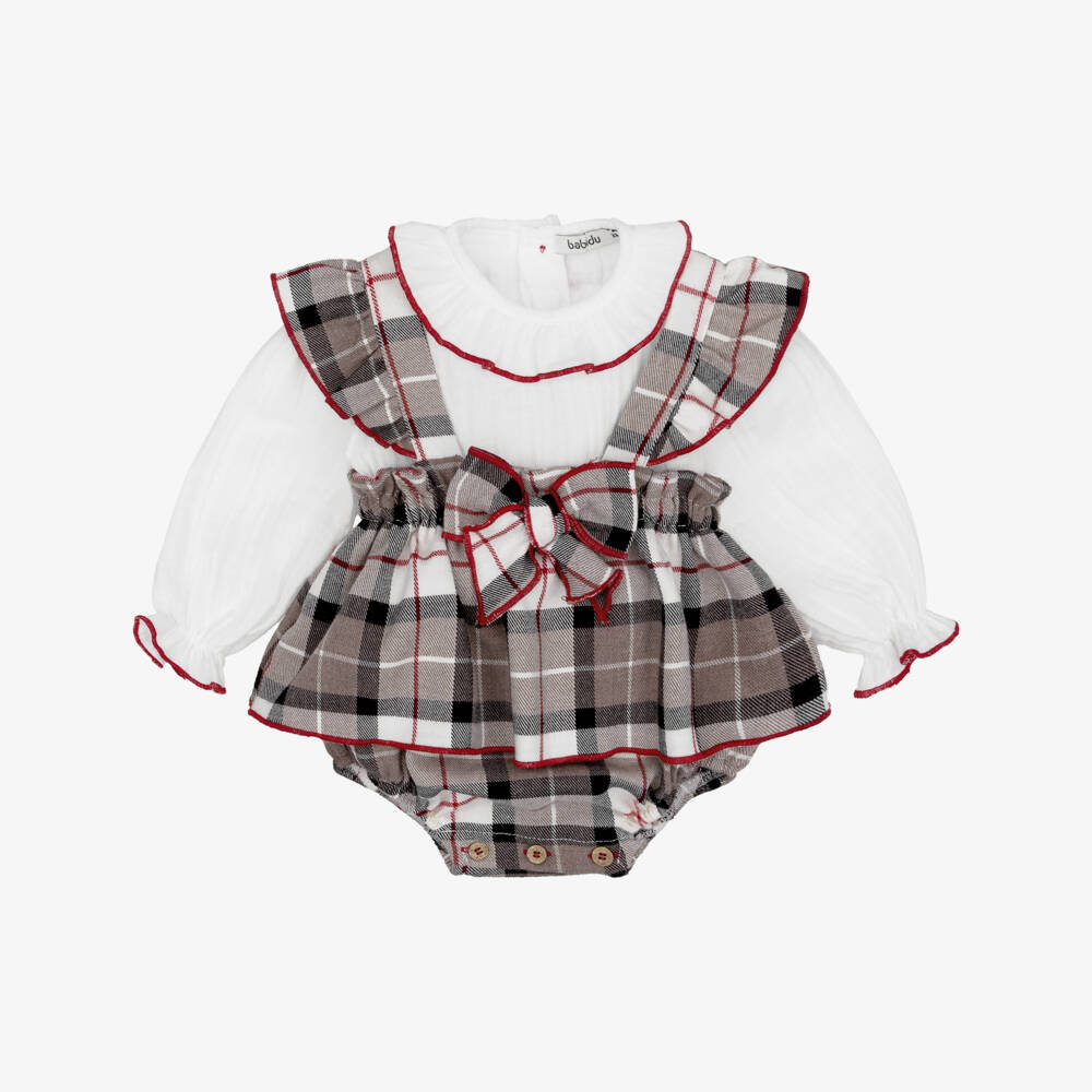Babidu-Baby Girls Beige Check Shortie Set | Childrensalon