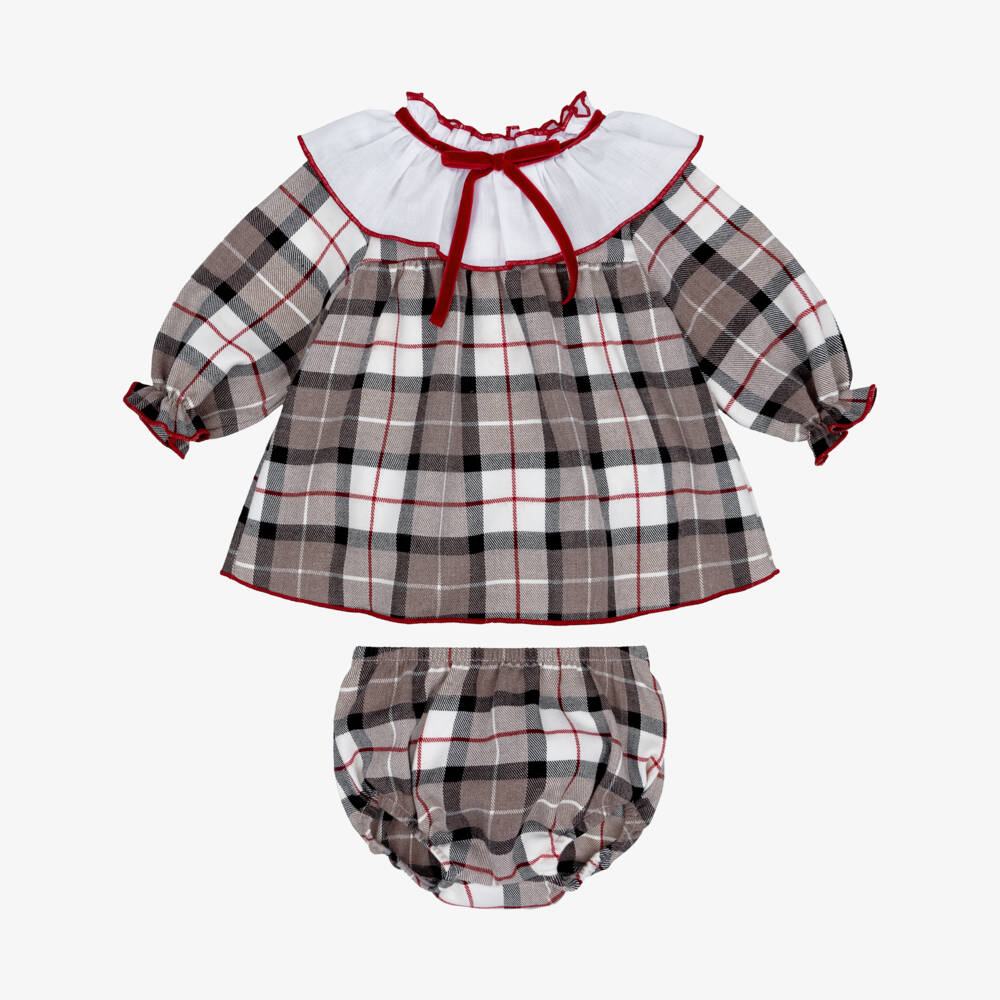 Babidu-Baby Girls Beige Cotton Check Dress | Childrensalon