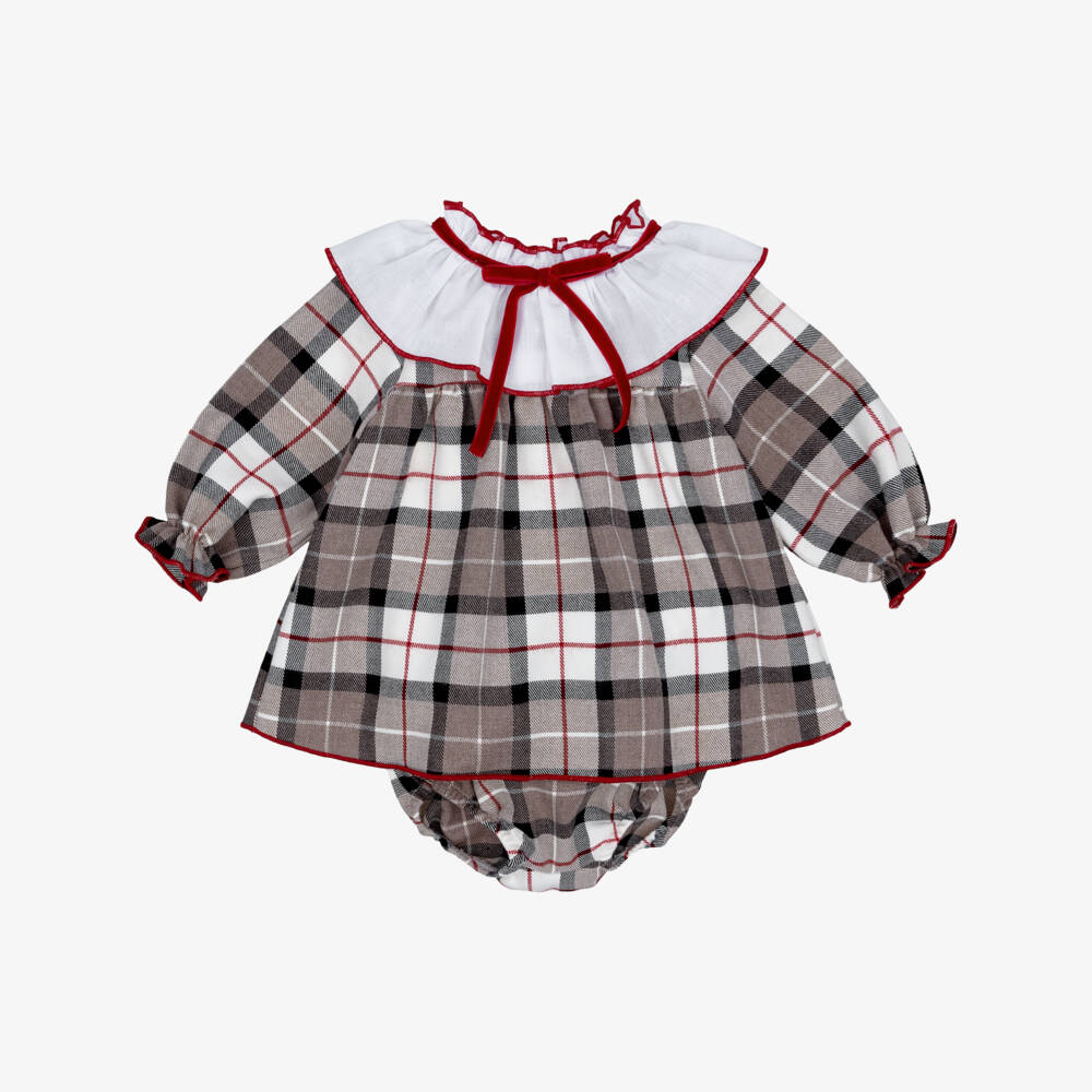Babidu-Baby Girls Beige Cotton Check Dress | Childrensalon
