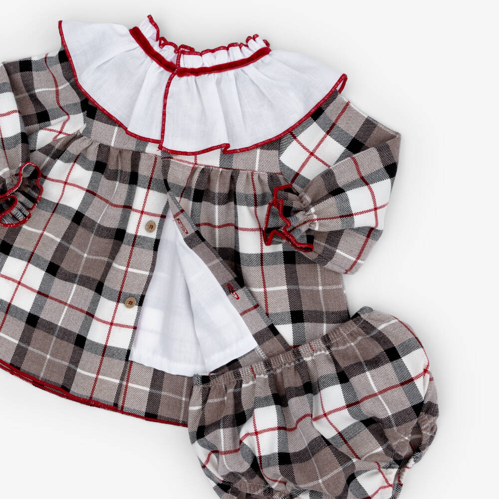 Babidu-Baby Girls Beige Cotton Check Dress | Childrensalon