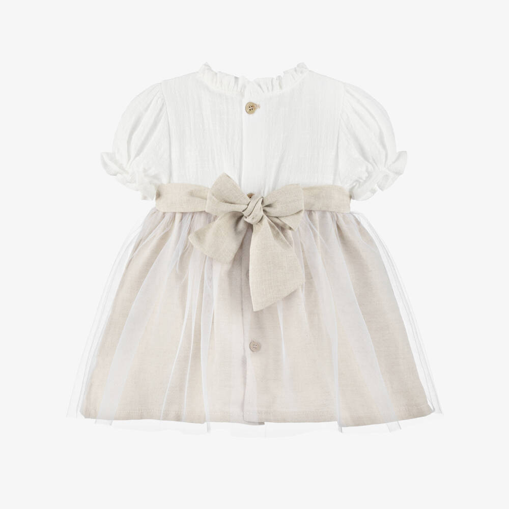 Babidu-فستان بنات رضع قطن وتول لون بيج | Childrensalon