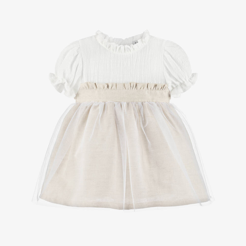 Babidu-Baby Girls Beige Cotton & Tulle Dress | Childrensalon