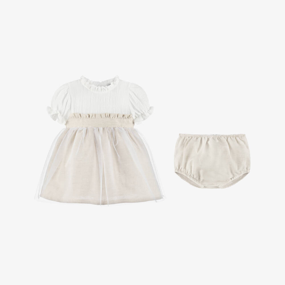 Babidu-فستان بنات رضع قطن وتول لون بيج | Childrensalon