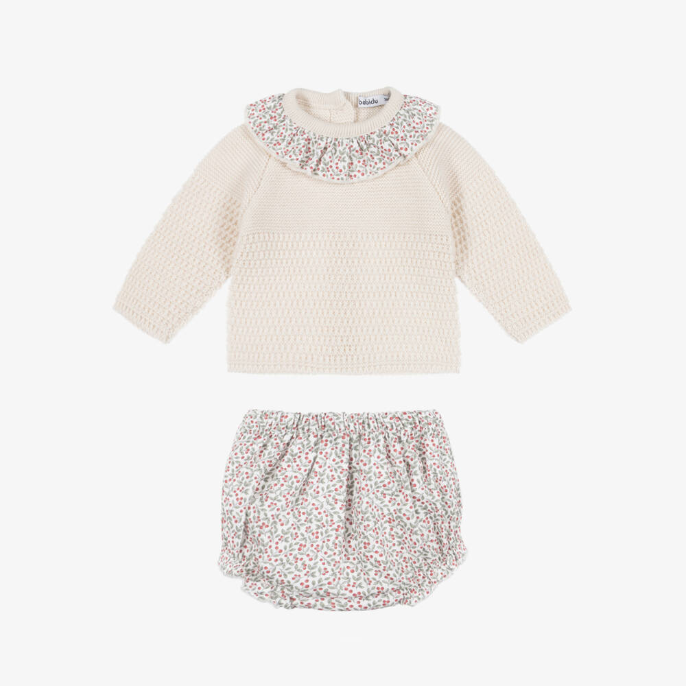 Babidu-Baby Girls Beige Knit Top & Floral Cotton Shorts Set | Childrensalon