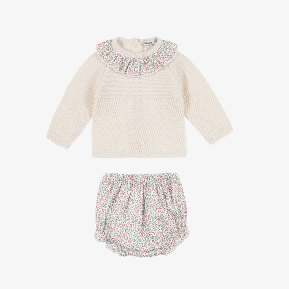 Babidu-Baby Girls Beige Knit Top & Floral Cotton Shorts Set | Childrensalon