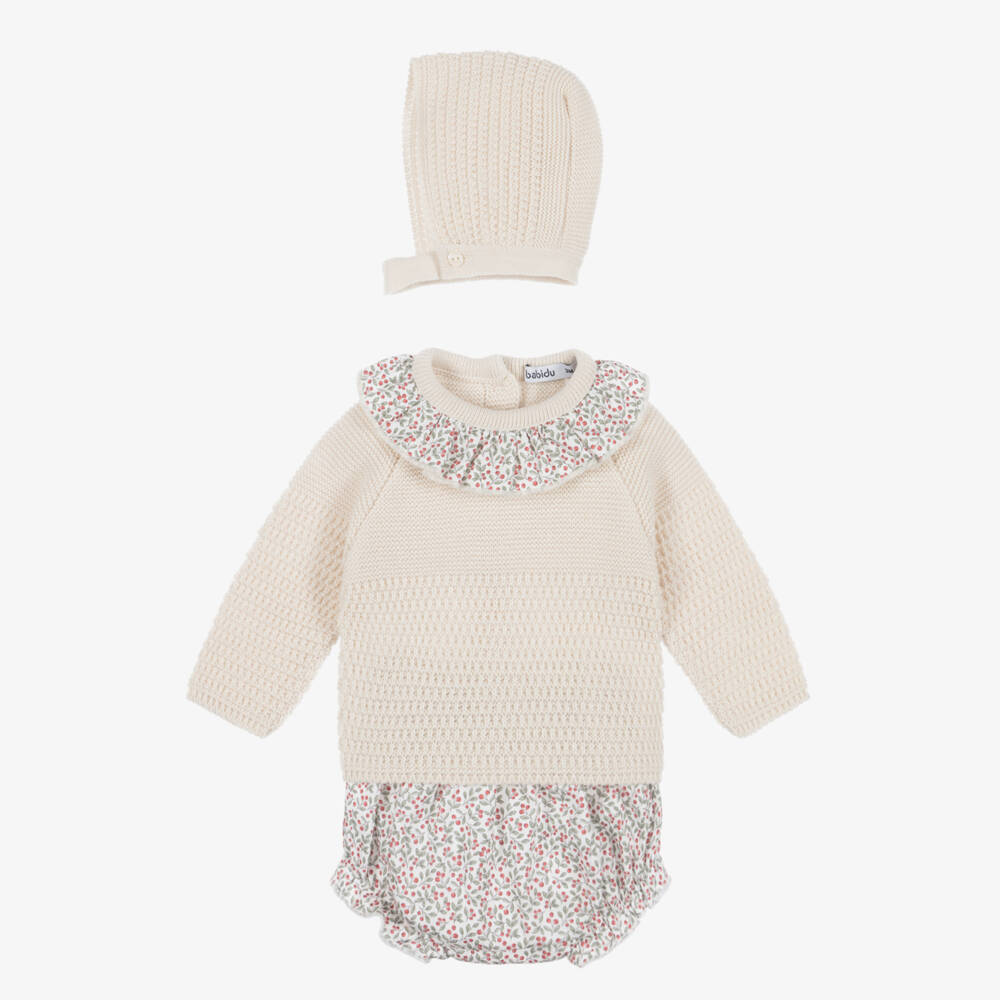 Babidu-Baby Girls Beige Knit Top & Floral Cotton Shorts Set | Childrensalon