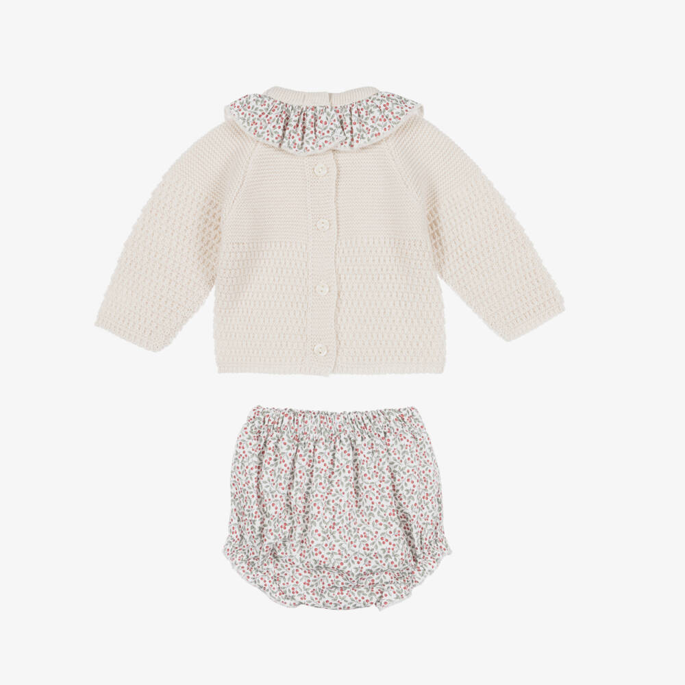 Babidu-Baby Girls Beige Knit Top & Floral Cotton Shorts Set | Childrensalon