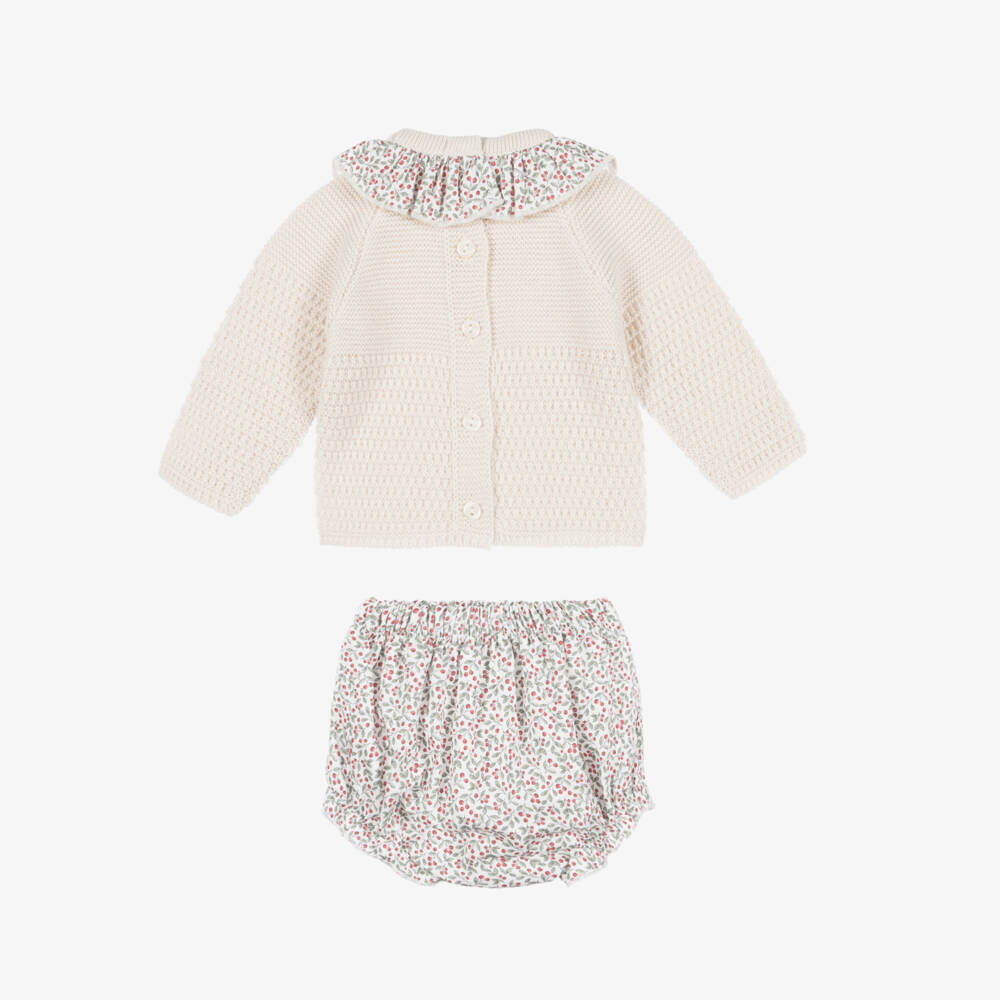 Babidu-Baby Girls Beige Knit Top & Floral Cotton Shorts Set | Childrensalon