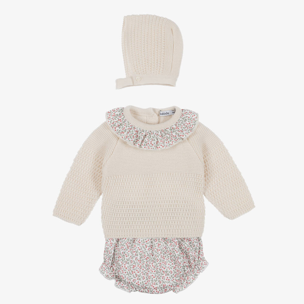 Babidu-Baby Girls Beige Knit Top & Floral Cotton Shorts Set | Childrensalon