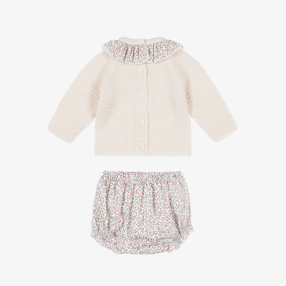 Babidu-Baby Girls Beige Knit Top & Floral Cotton Shorts Set | Childrensalon