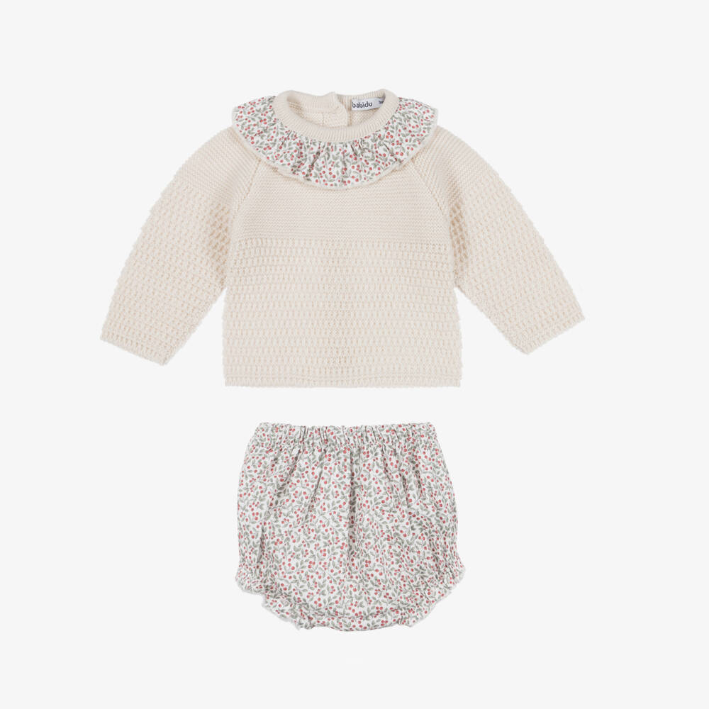 Babidu-Baby Girls Beige Knit Top & Floral Cotton Shorts Set | Childrensalon