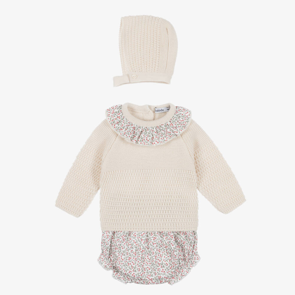 Babidu-Baby Girls Beige Knit Top & Floral Cotton Shorts Set | Childrensalon