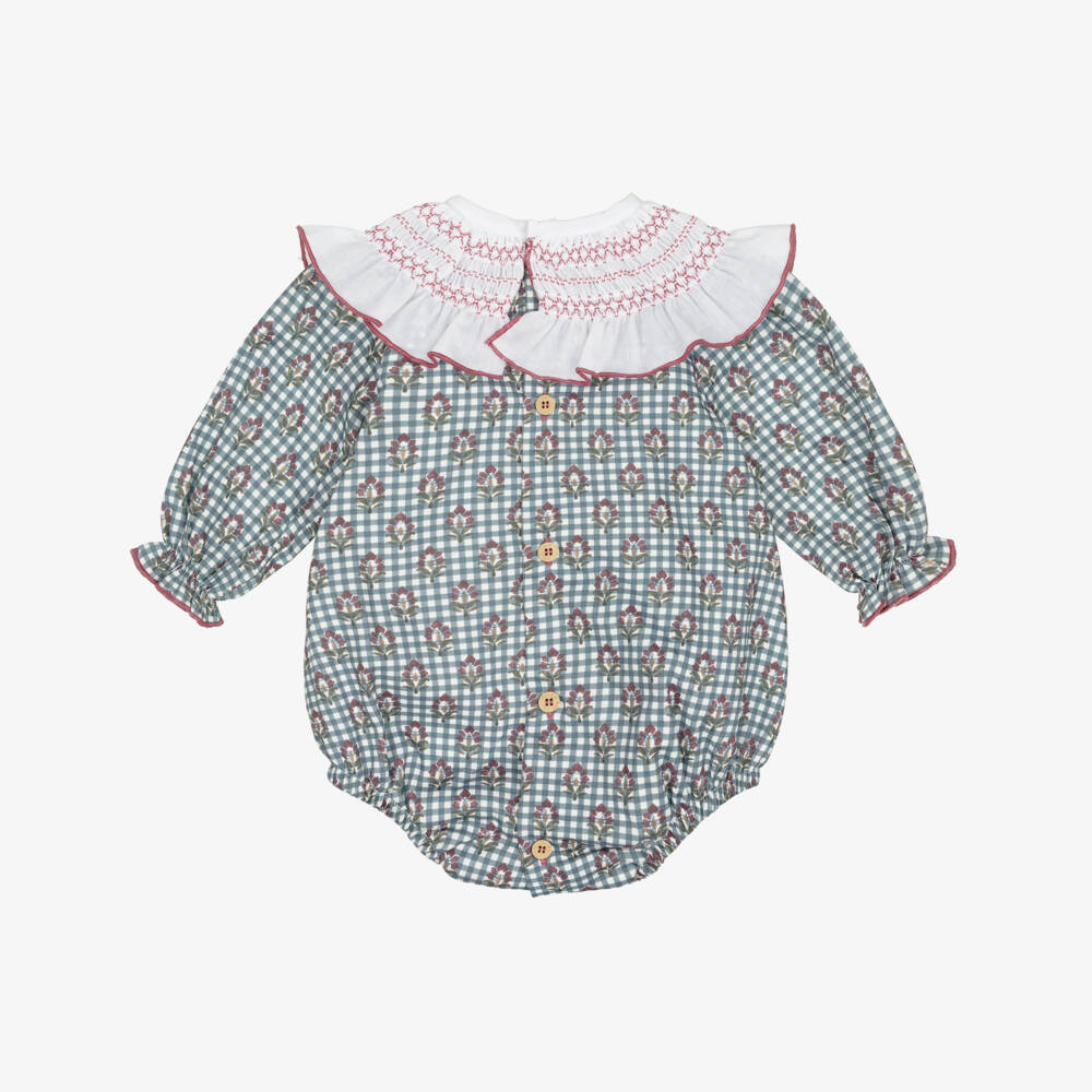 Babidu-Baby Girls Blue Check & Floral Cotton Shortie | Childrensalon