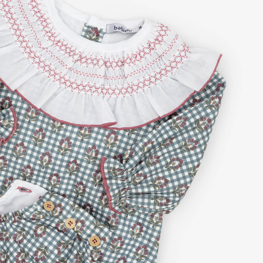 Babidu-Baby Girls Blue Check & Floral Cotton Shortie | Childrensalon