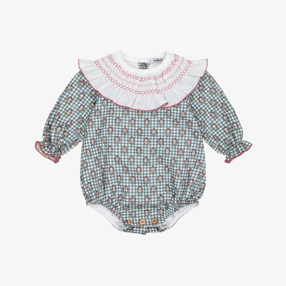 Babidu-Baby Girls Blue Check & Floral Cotton Shortie | Childrensalon