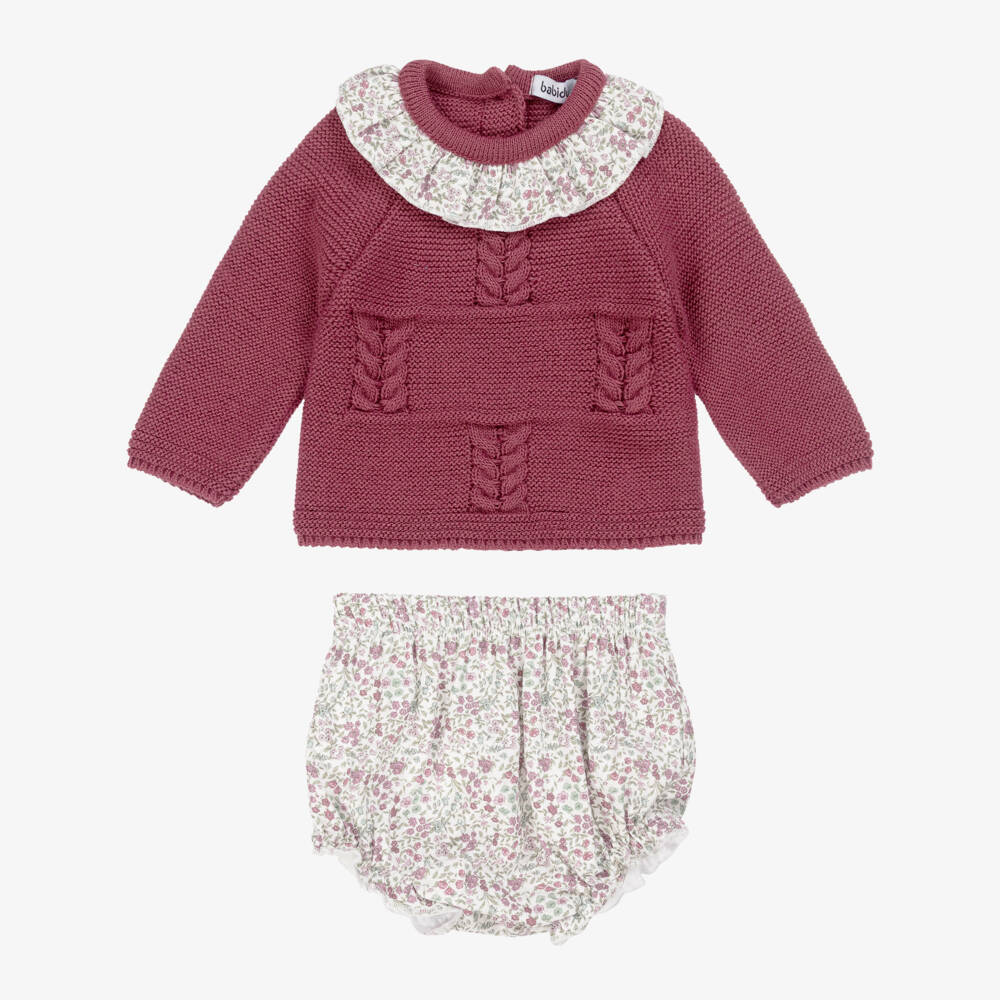 Babidu-Baby Girls Burgundy Red Knit & Floral Cotton Shorts Set | Childrensalon