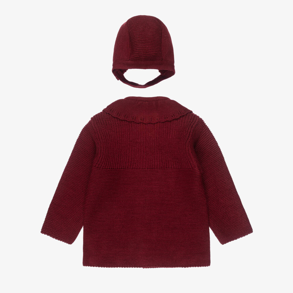 Babidu-Baby Girls Burgundy Red Knitted Coat & Hat Set | Childrensalon