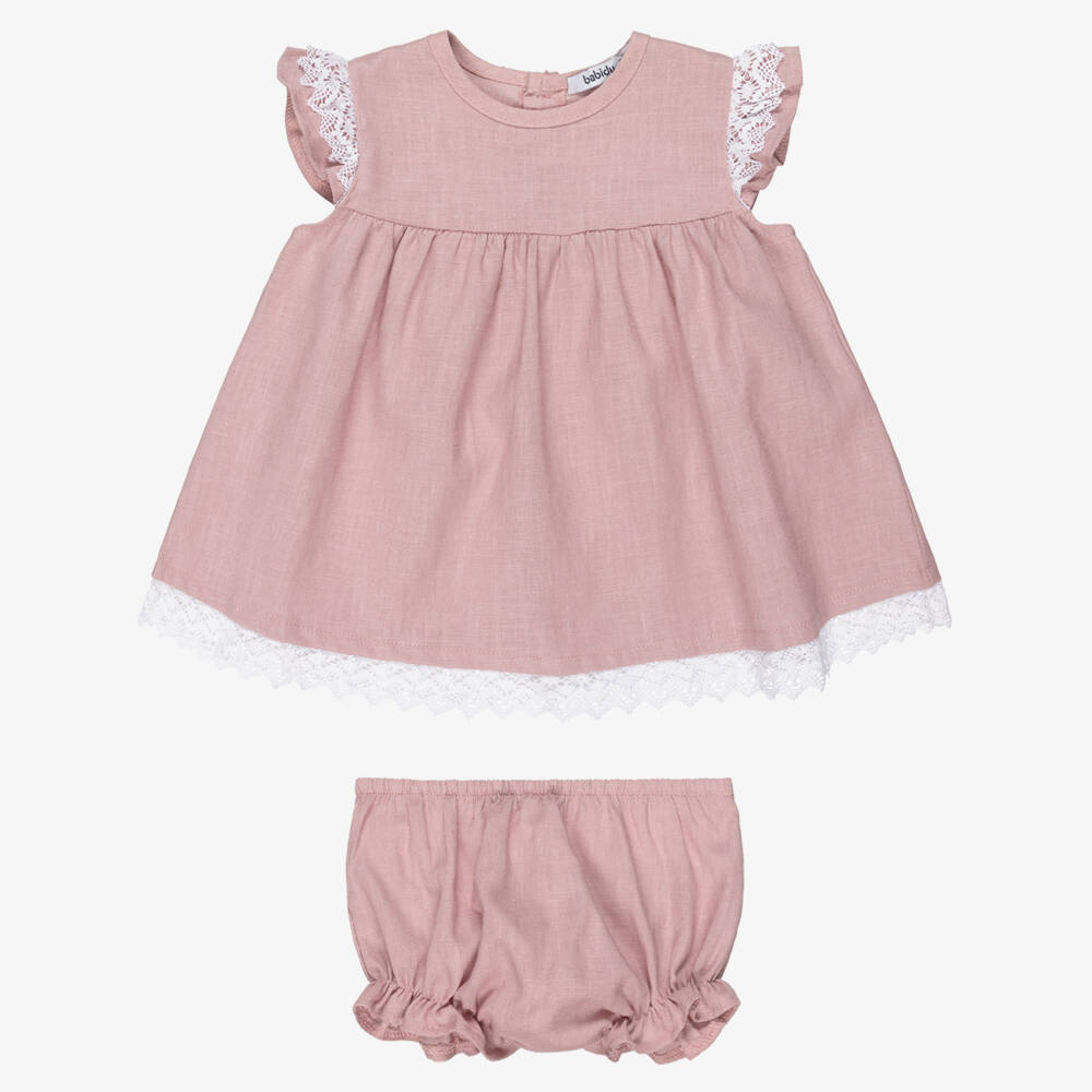 Babidu-Baby Girls Dusky Pink Cotton Dress with Lace Trims | Childrensalon