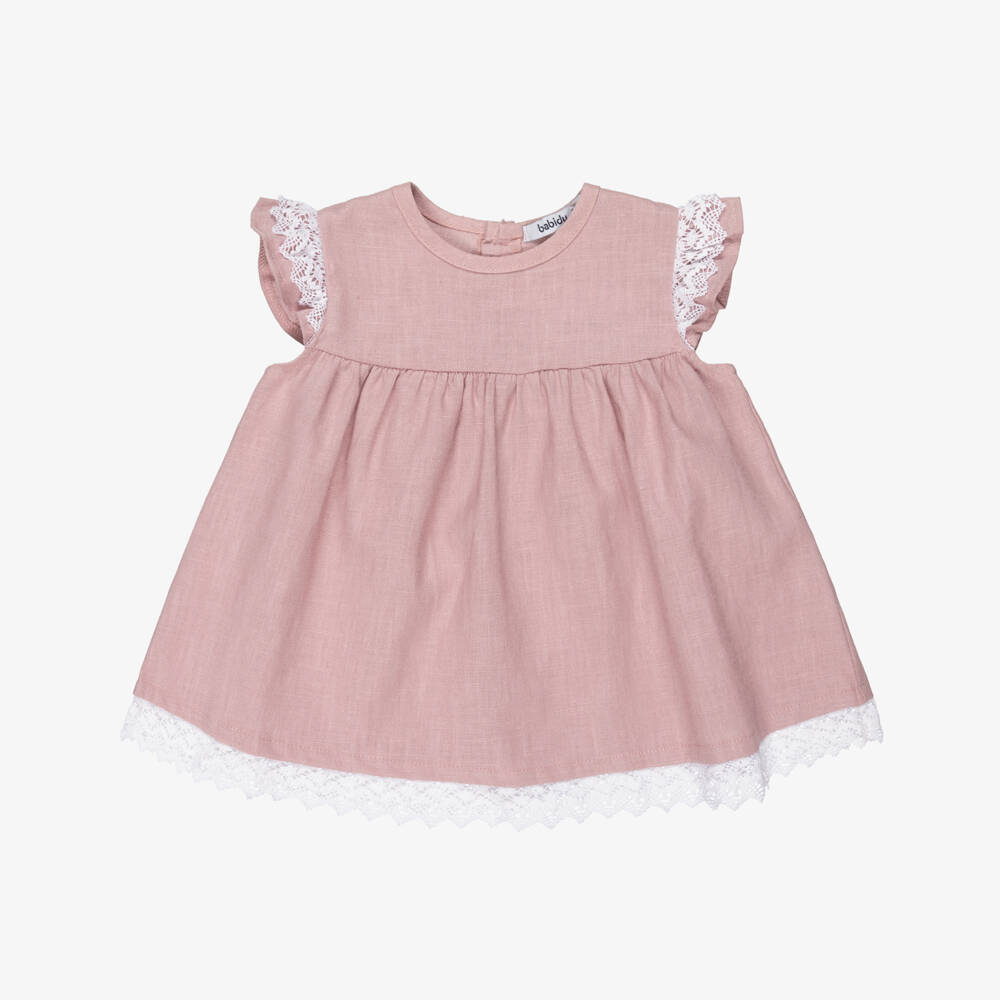 Babidu-Baby Girls Dusky Pink Cotton Dress with Lace Trims | Childrensalon