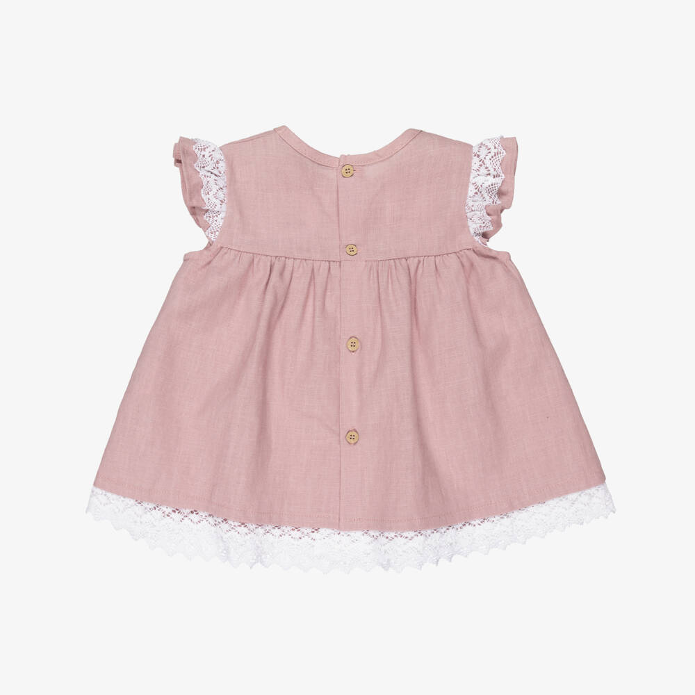 Babidu-Baby Girls Dusky Pink Cotton Dress with Lace Trims | Childrensalon
