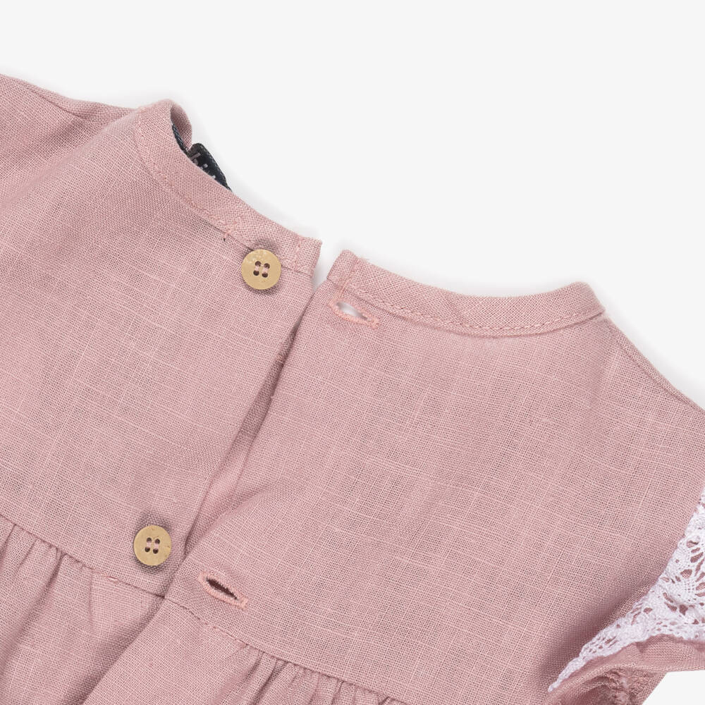 Babidu-Baby Girls Dusky Pink Cotton Dress with Lace Trims | Childrensalon