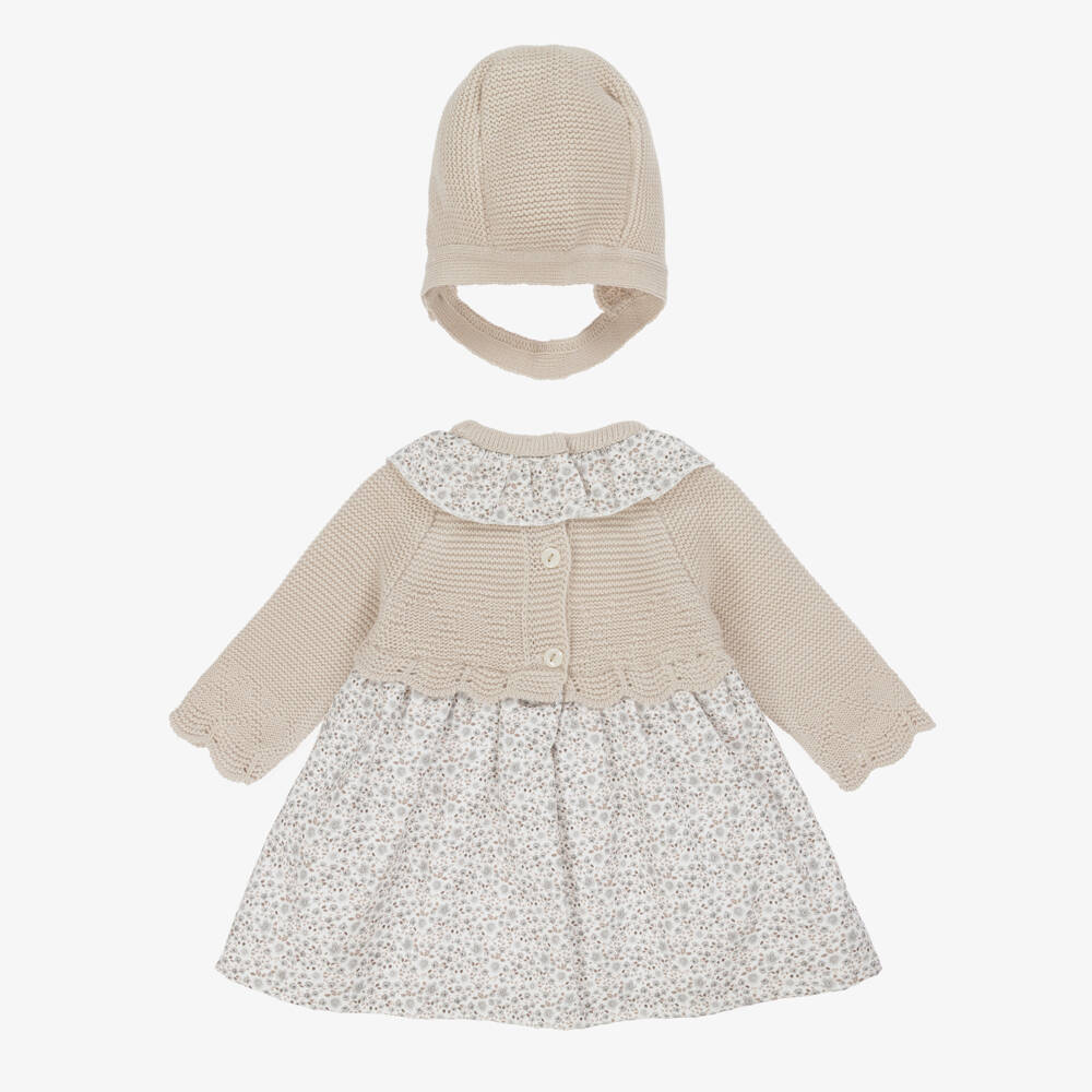 Babidu-Baby Girls Floral & Beige Knitted Dress Set | Childrensalon