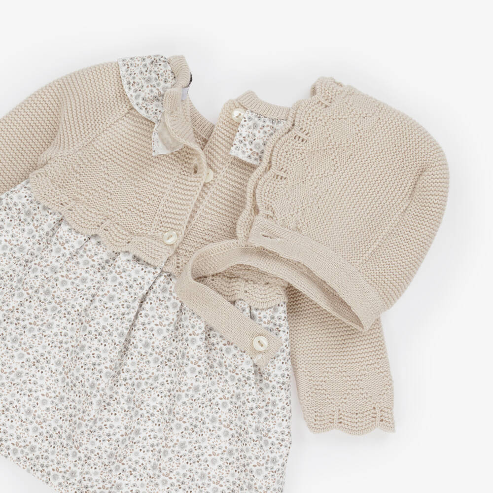 Babidu-Baby Girls Floral & Beige Knitted Dress Set | Childrensalon