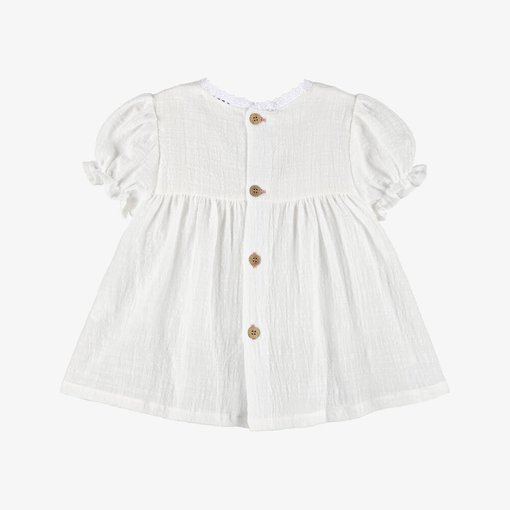 Babidu-فستان قطن بتطريز ورود لون عاجي للبنات الرضع | Childrensalon