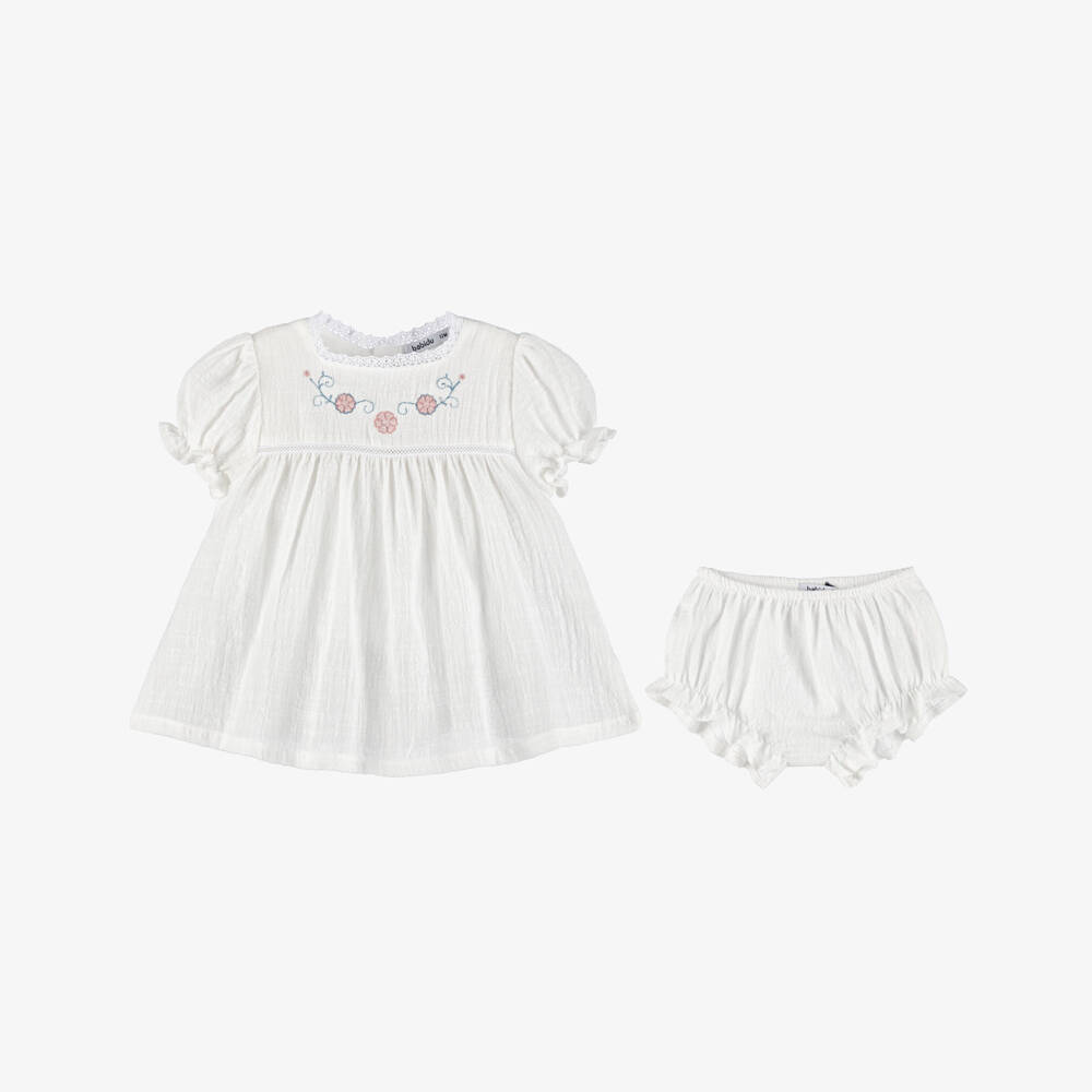Babidu-فستان قطن بتطريز ورود لون عاجي للبنات الرضع | Childrensalon
