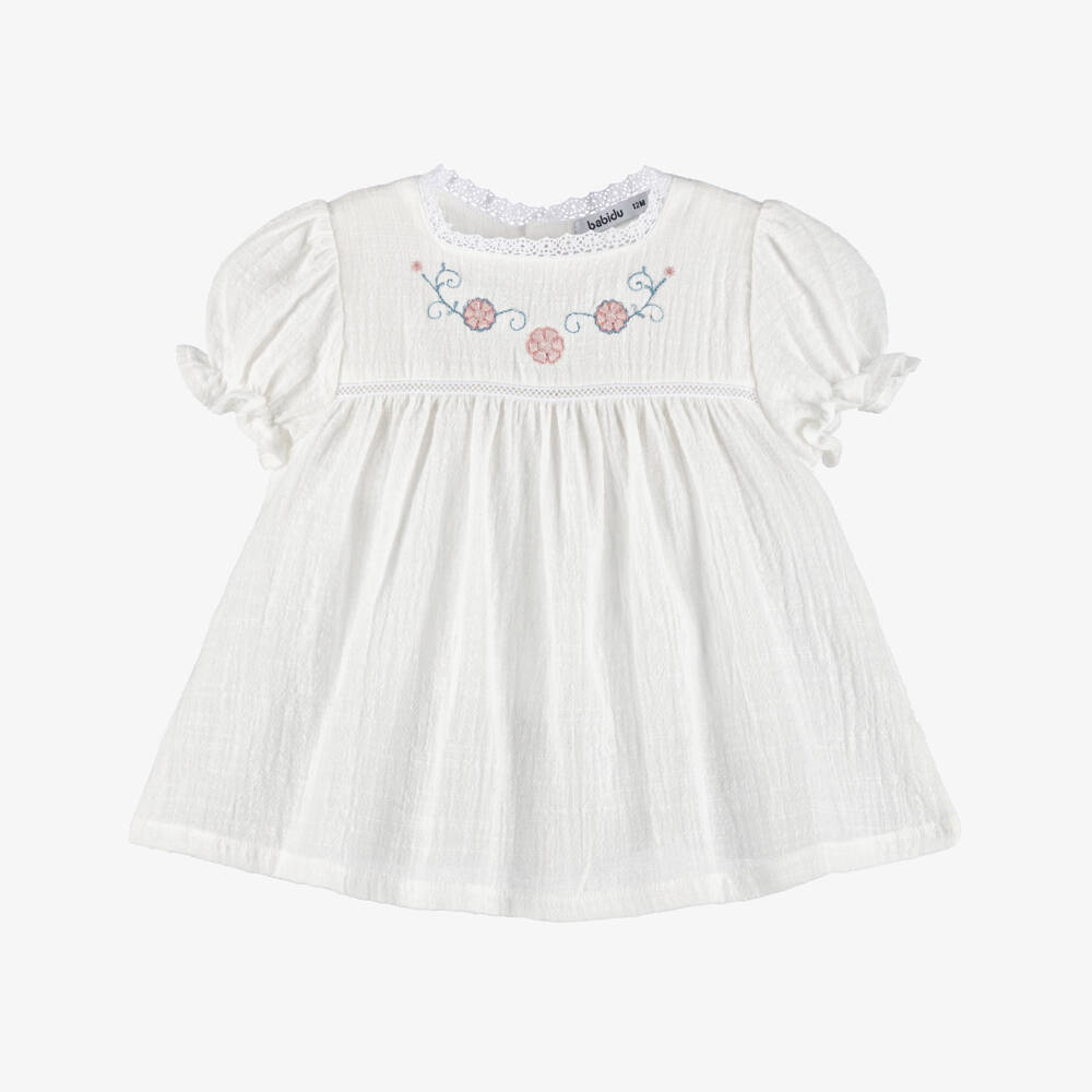 Babidu-فستان قطن بتطريز ورود لون عاجي للبنات الرضع | Childrensalon