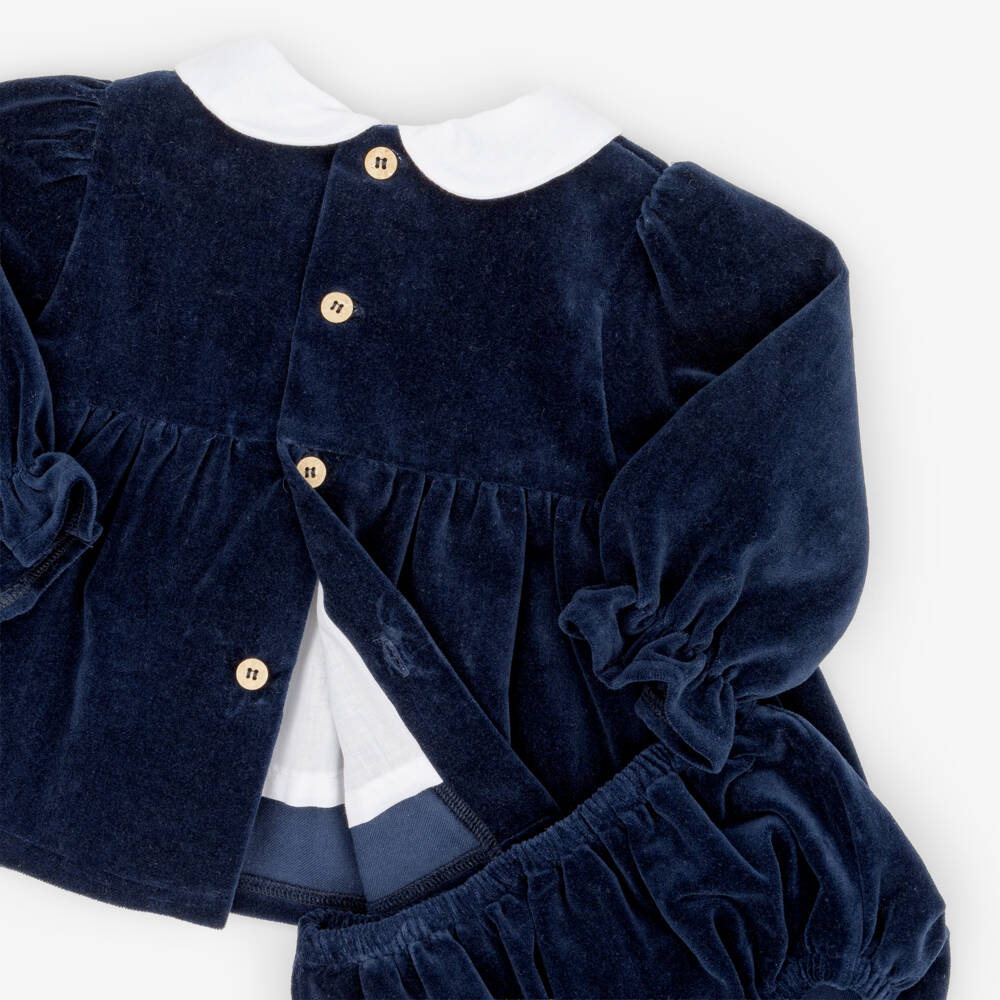 Babidu-Baby Girls Navy Blue Velvet Dress with Lace Trim | Childrensalon