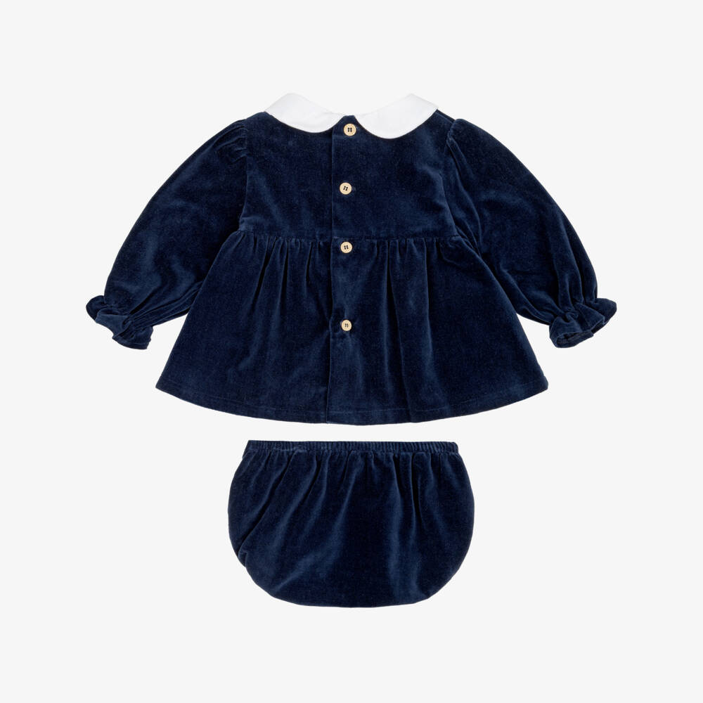 Babidu-Baby Girls Navy Blue Velvet Dress with Lace Trim | Childrensalon