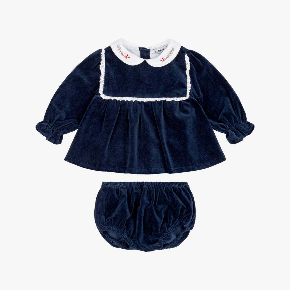 Babidu-Baby Girls Navy Blue Velvet Dress with Lace Trim | Childrensalon