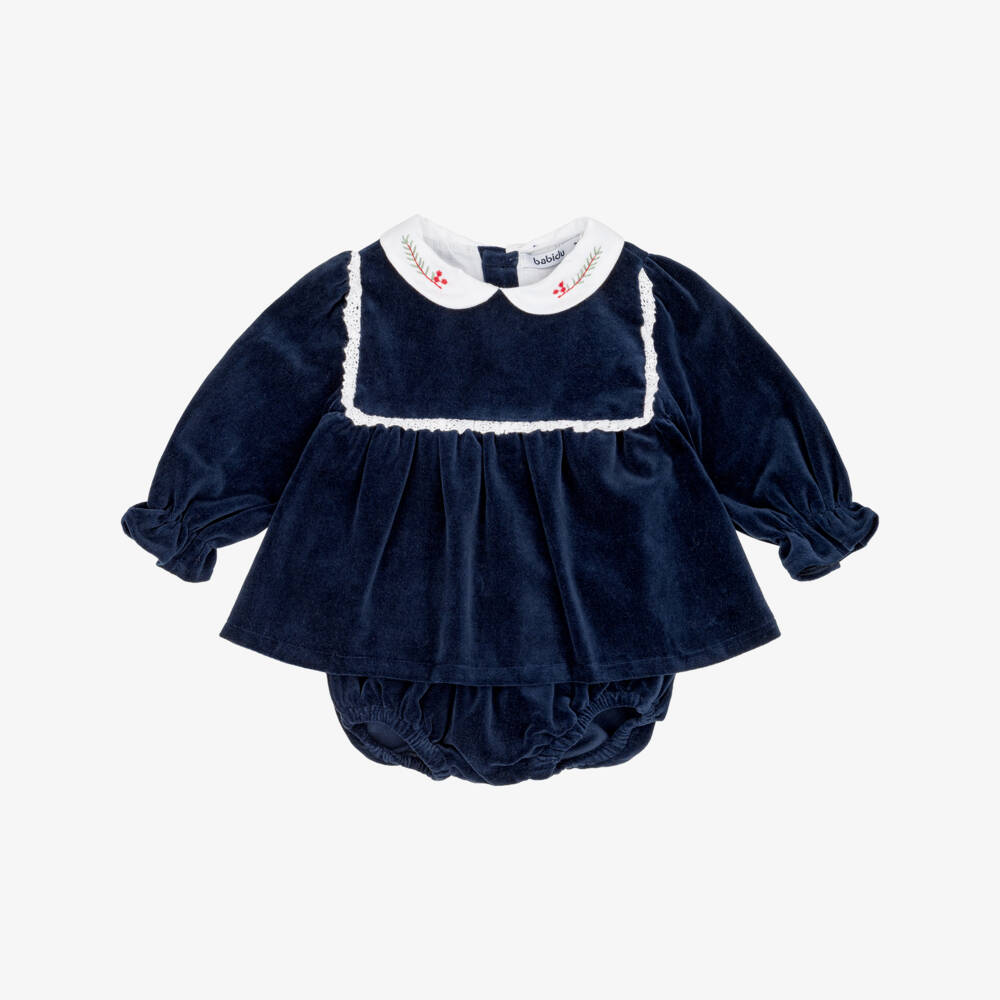 Babidu-Baby Girls Navy Blue Velvet Dress with Lace Trim | Childrensalon