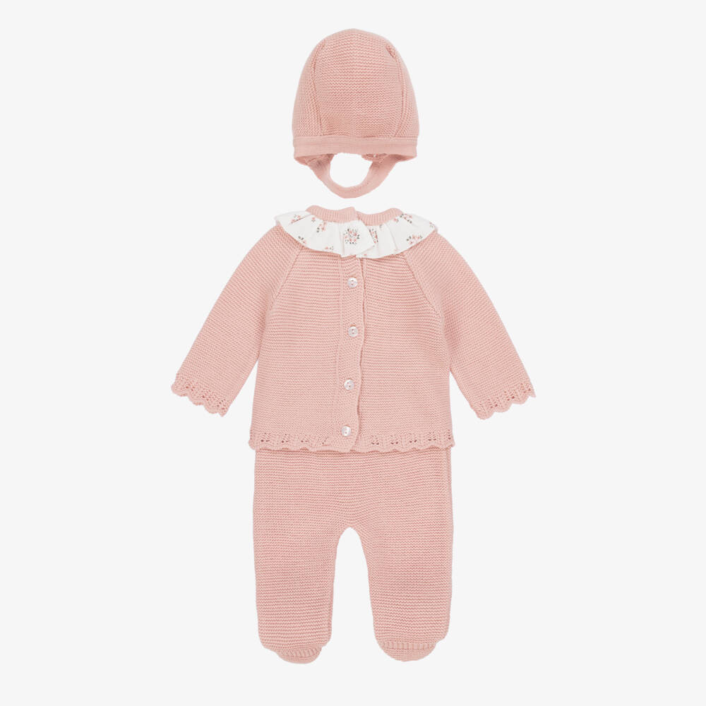 Babidu-Baby Girls Pale Pink Knit Babysuit Set with Ruffle Collar | Childrensalon