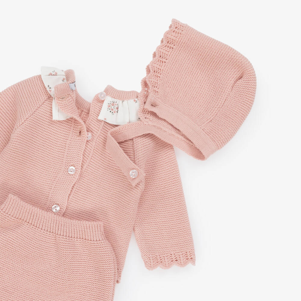 Babidu-Baby Girls Pale Pink Knit Babysuit Set with Ruffle Collar | Childrensalon