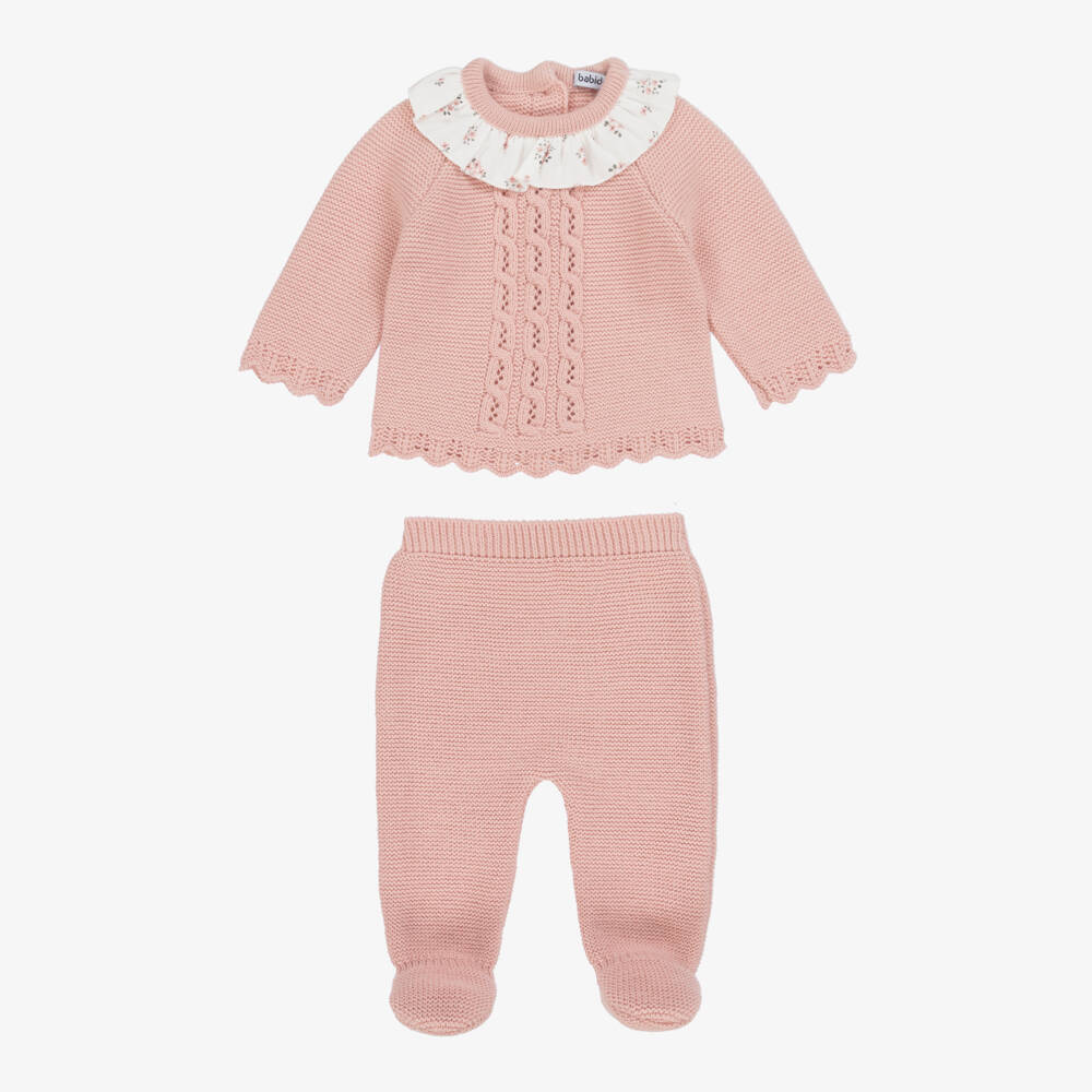 Babidu-Baby Girls Pale Pink Knit Babysuit Set with Ruffle Collar | Childrensalon