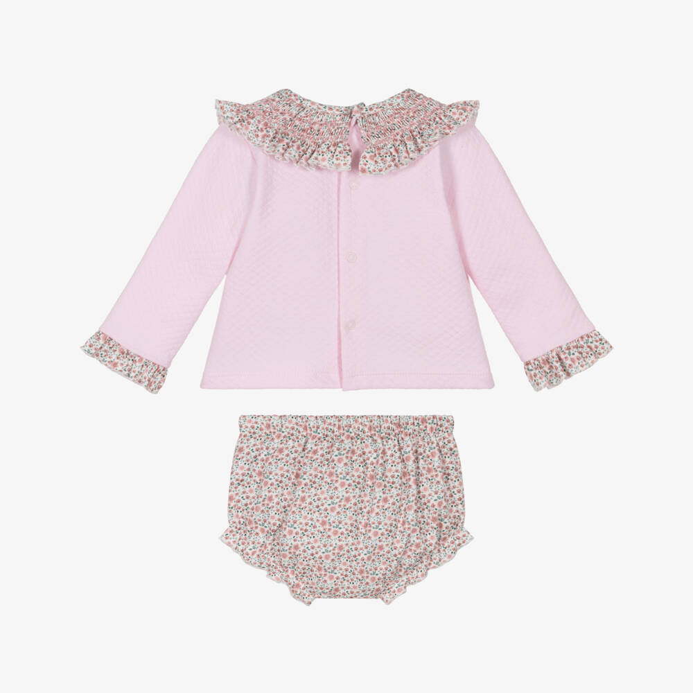 Babidu-Baby Girls Pink Cotton Floral Shorts Set with Shirred Collar | Childrensalon