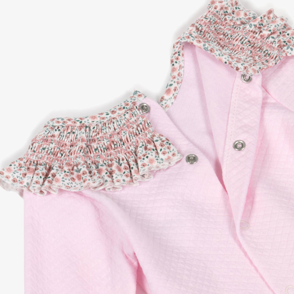 Babidu-Baby Girls Pink Cotton Floral Shorts Set with Shirred Collar | Childrensalon