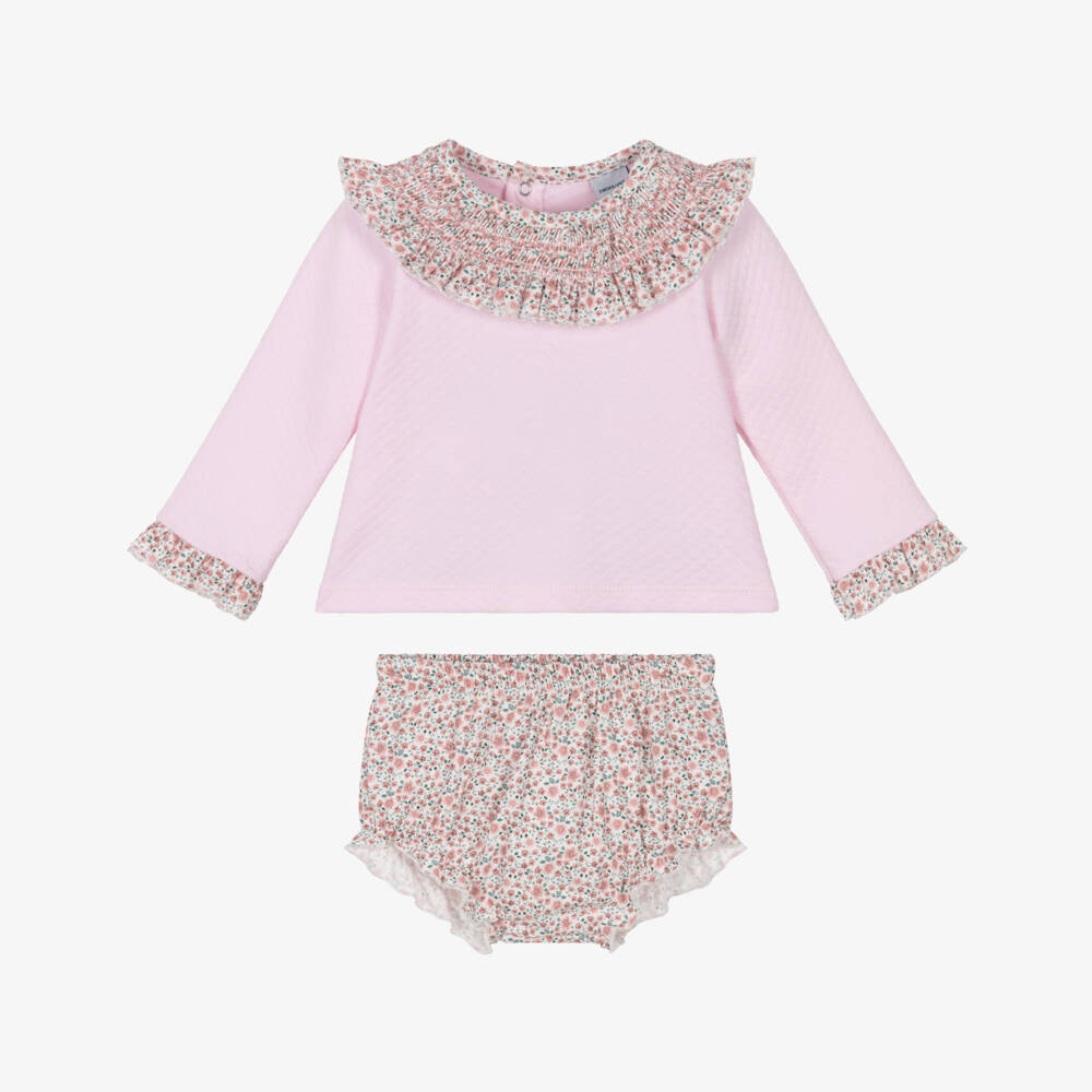 Babidu-Baby Girls Pink Cotton Floral Shorts Set with Shirred Collar | Childrensalon