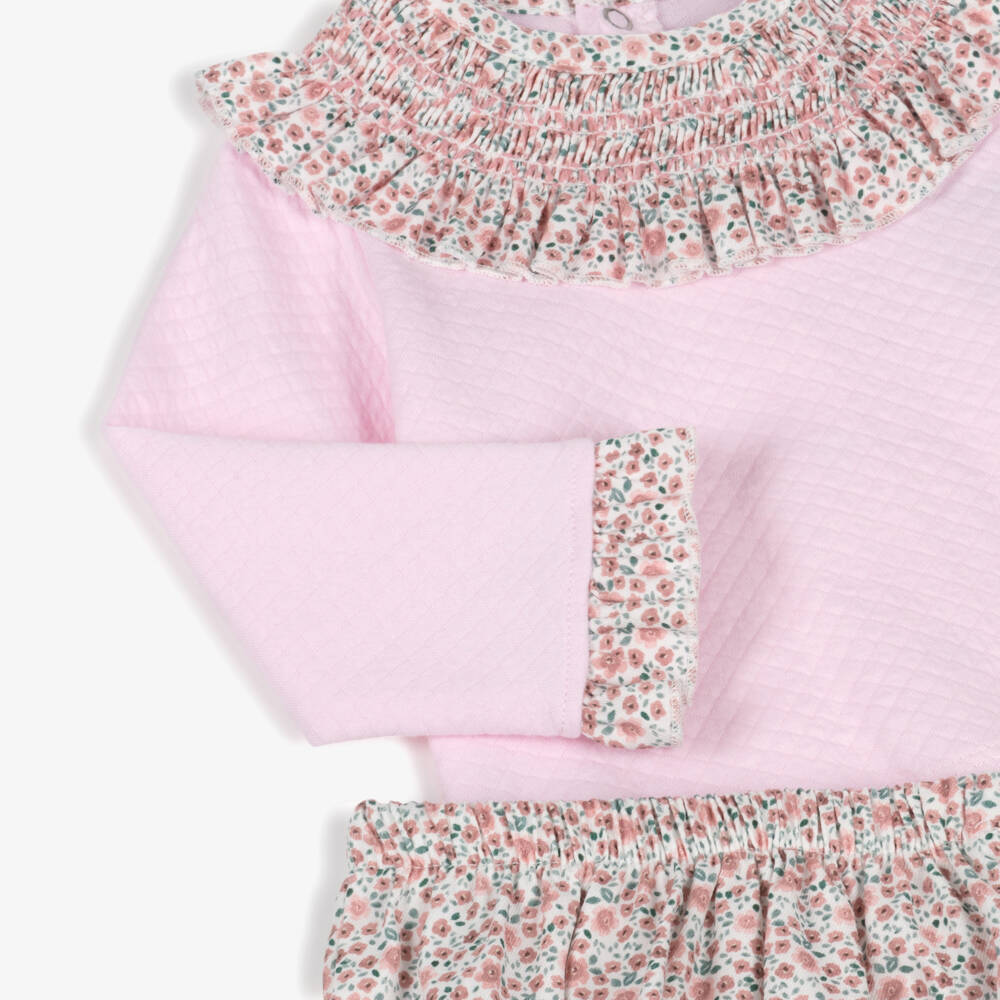 Babidu-Baby Girls Pink Cotton Floral Shorts Set with Shirred Collar | Childrensalon