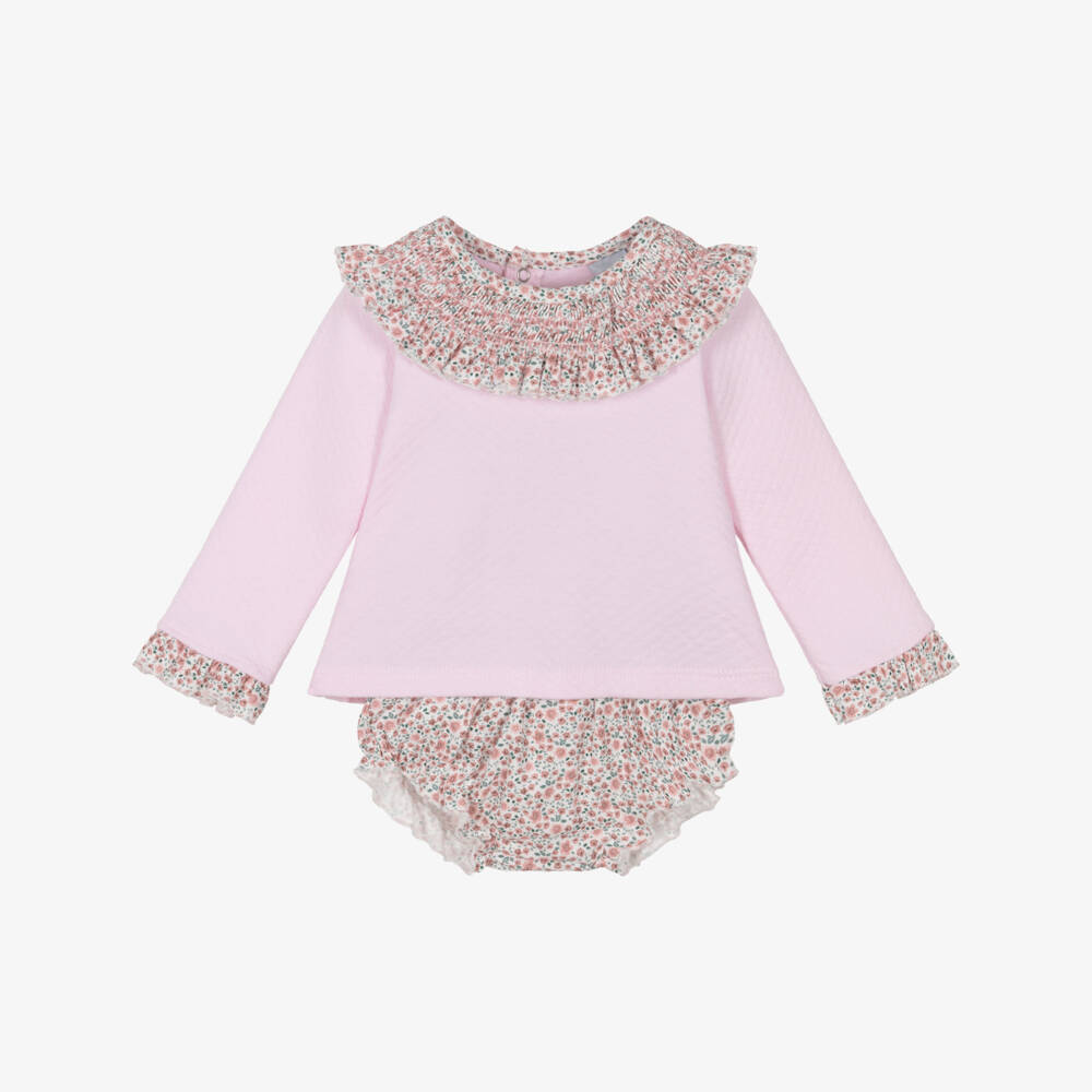 Babidu-Baby Girls Pink Cotton Floral Shorts Set with Shirred Collar | Childrensalon