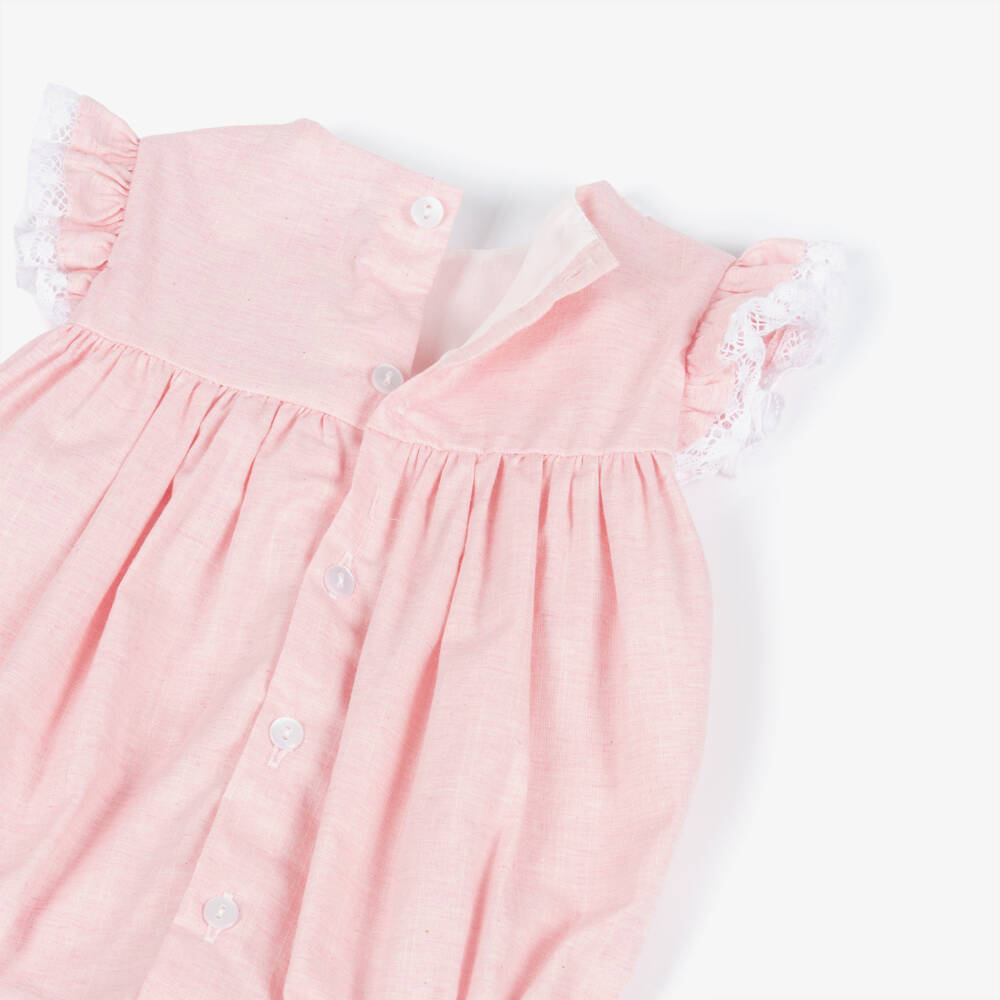 Babidu-Baby Girls Pink Cotton Shortie with White Lace Trim | Childrensalon