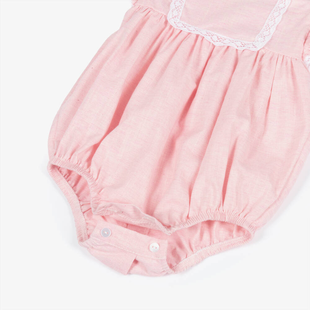 Babidu-Baby Girls Pink Cotton Shortie with White Lace Trim | Childrensalon