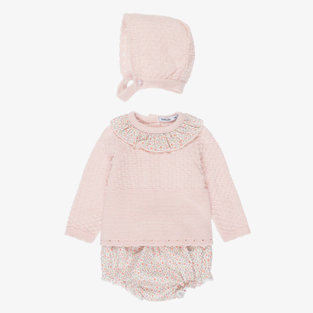 Babidu-Baby Girls Pink Knitted & Floral Shorts Set | Childrensalon