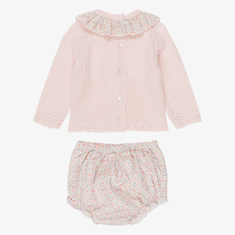 Babidu-Baby Girls Pink Knitted & Floral Shorts Set | Childrensalon