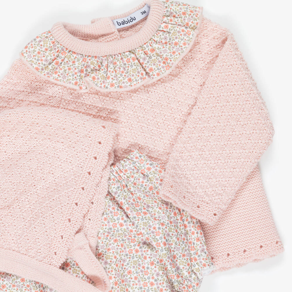Babidu-Baby Girls Pink Knitted & Floral Shorts Set | Childrensalon