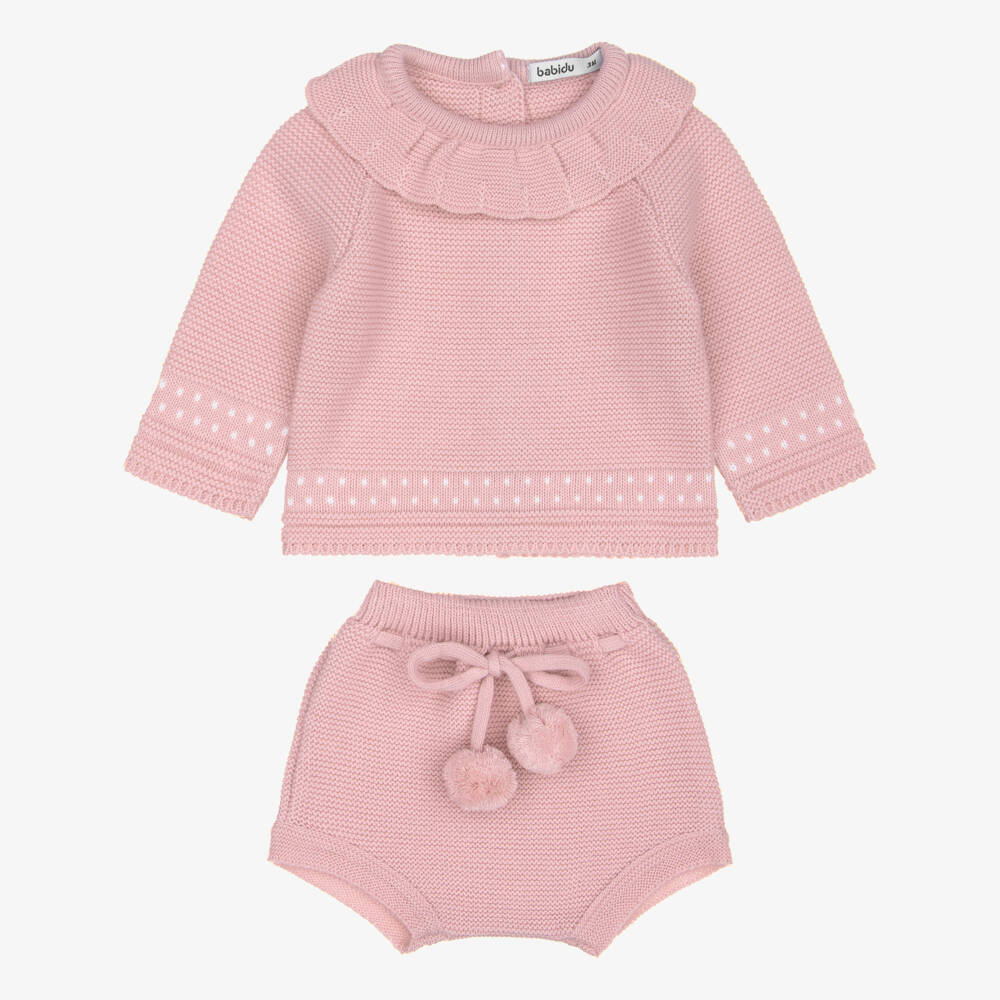 Babidu-Baby Girls Pink Knitted Shorts Set with Bonnet | Childrensalon